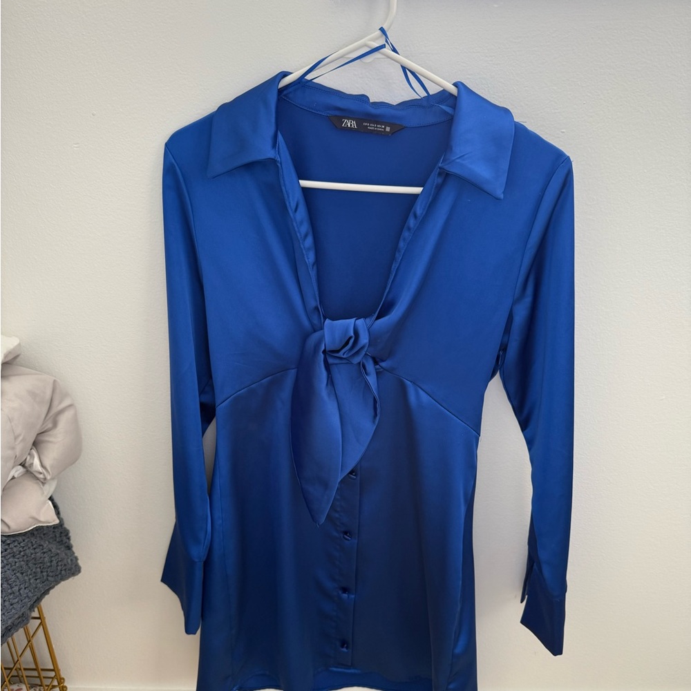 blue zara tie mini dress size small